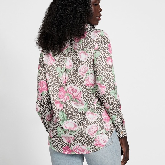 Guess Women’s Vianca Printed Satin Shirt Button Down Leopard Animal Floral Work - Picture 2 of 9